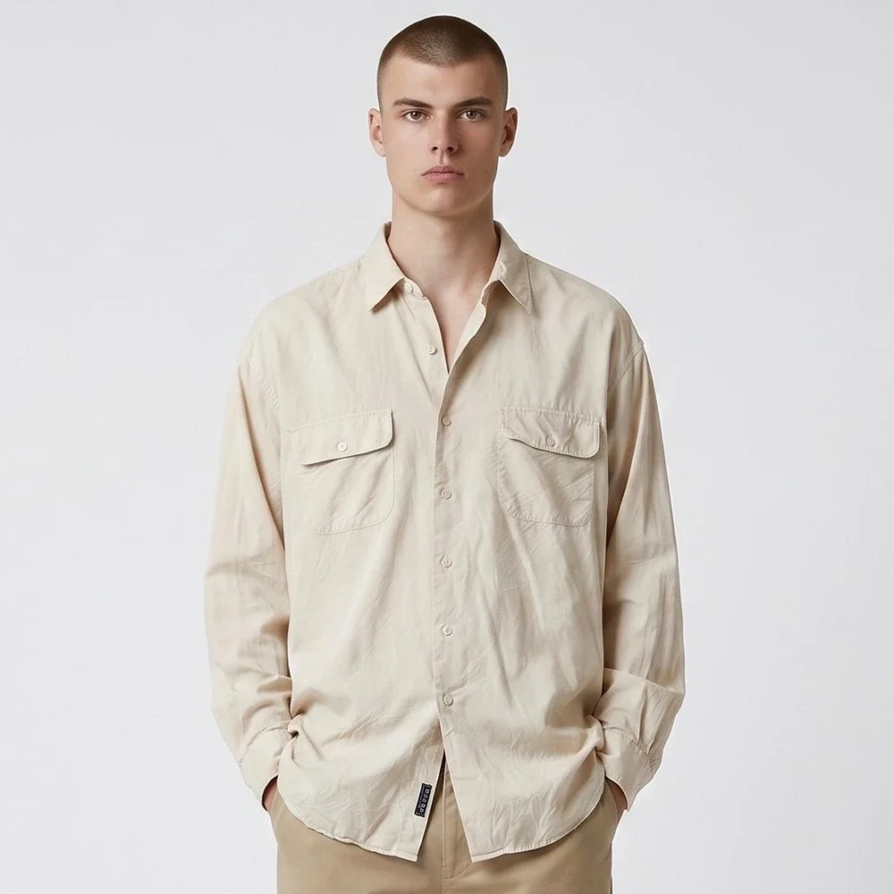 VTG Polo Ralph Lauren Button Down Benford Shirt Mens XL Beige Silk Cotton